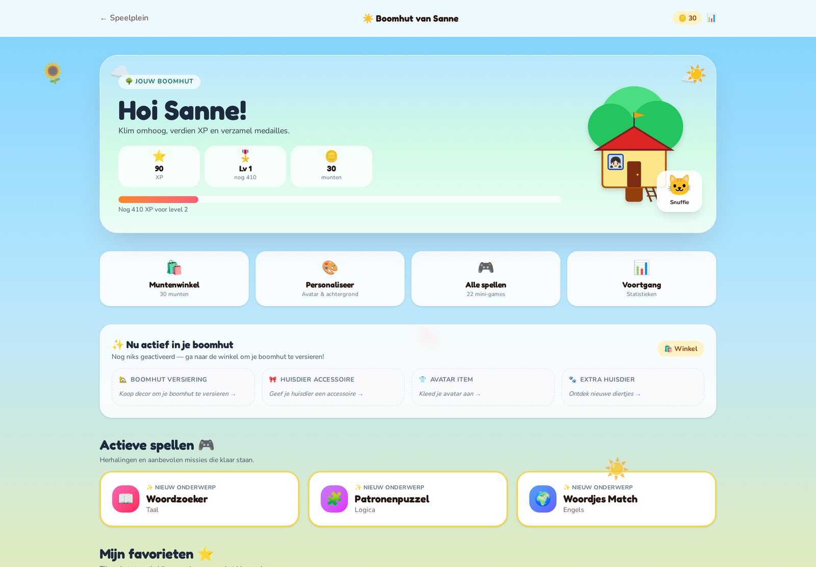 Boomhut van een kind in Leerheld met huisdier, XP, munten en actieve spellen