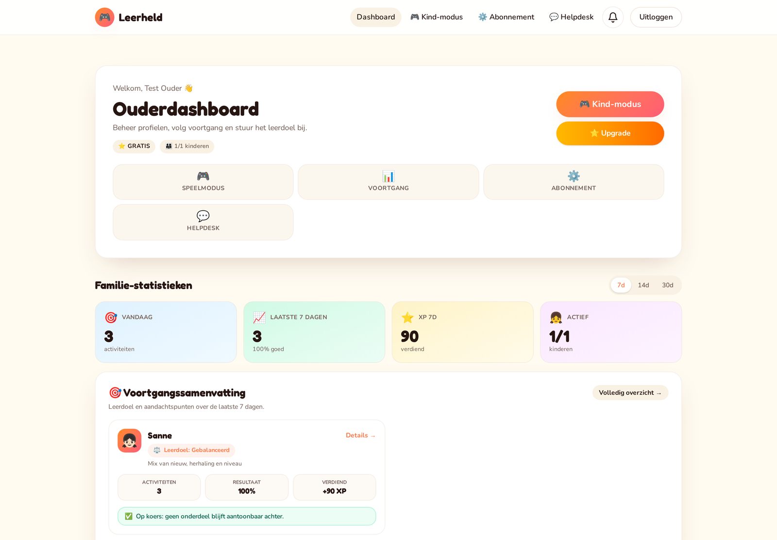 Ouderdashboard van Leerheld met familie-statistieken, activiteiten, XP en leerdoel per kind