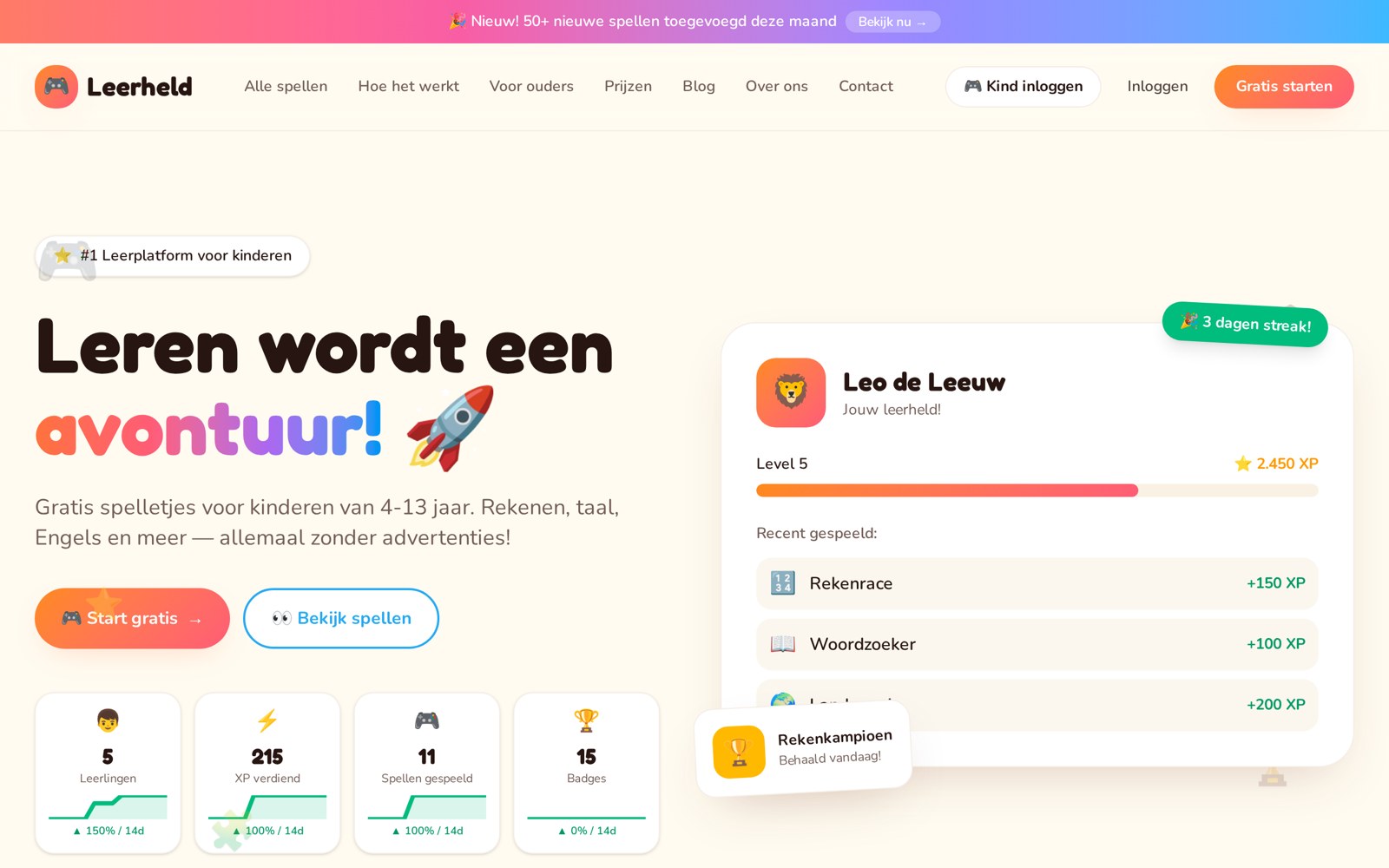 Leerheld startpagina met live statistieken en voortgang van een kind