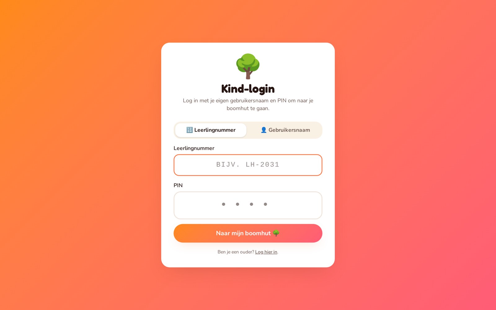 Kind-inlogscherm van Leerheld met leerlingnummer en pincode