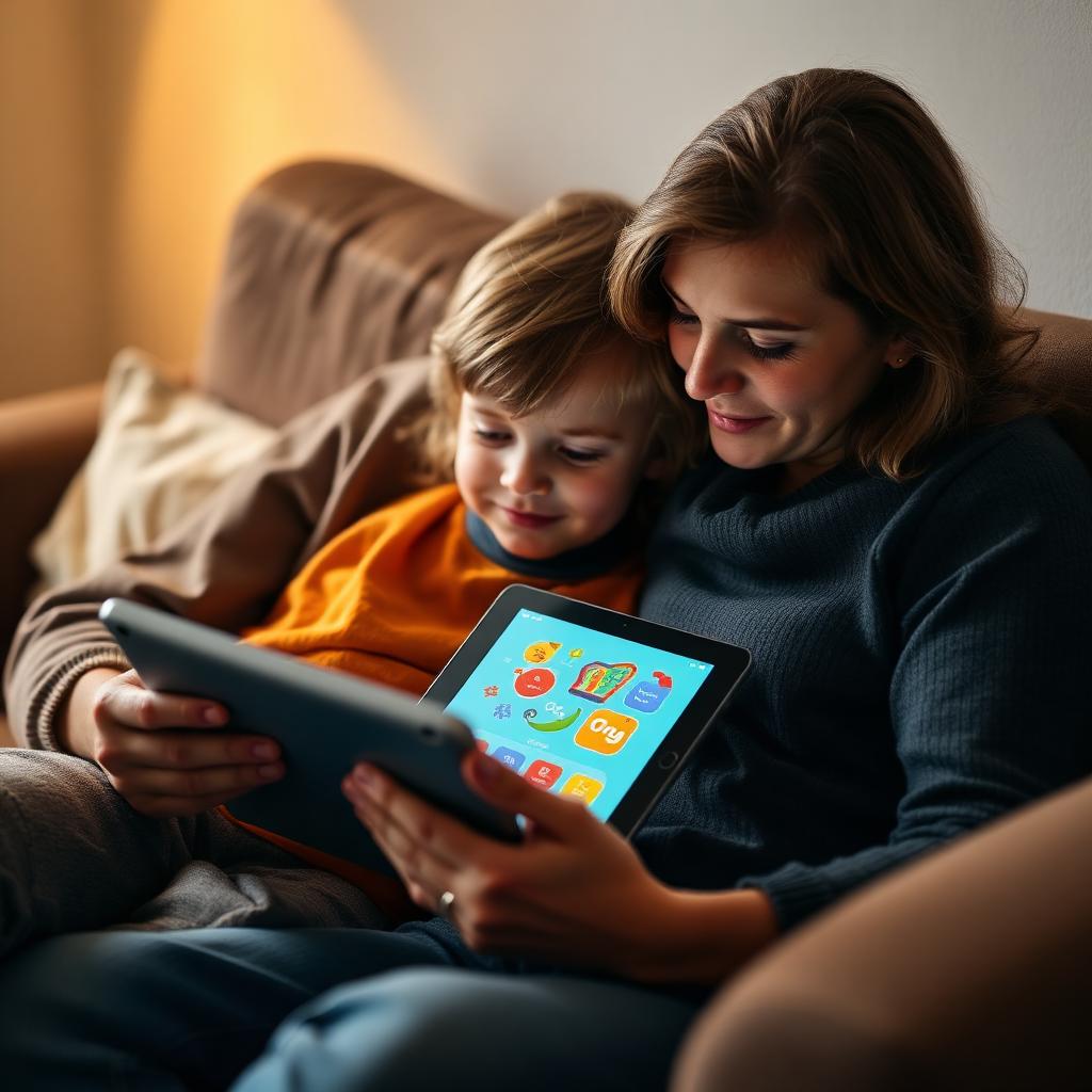Ouder en kind samen op de bank met tablet