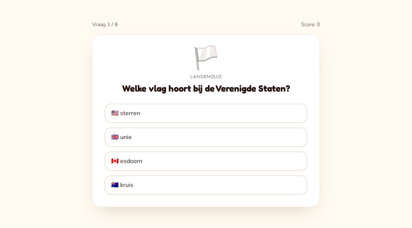 Landenquiz met een vlaggenvraag en vier antwoorden