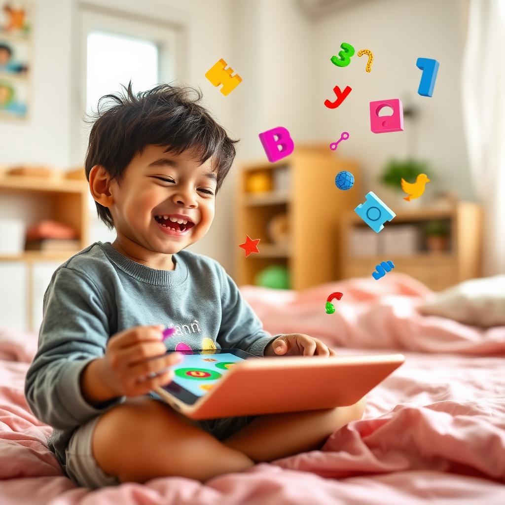 Kind lacht tijdens spelen op tablet